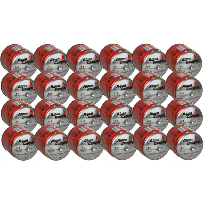 24x Alpen Camping 400ml gaspatroon, certificaat: Pi 0437, voldoet aan EN417, propaan-butaan, bereik -10°c tot + 40°c, GAS STOP systeem IK006