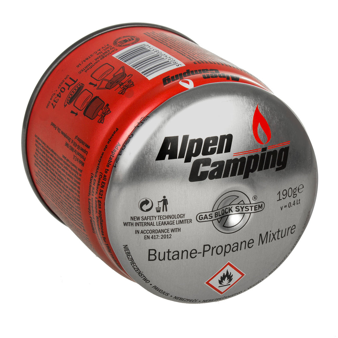 12x Alpen Camping 400ml gaspatroon, certificaat: Pi 0437, voldoet aan EN417, propaan-butaan, bereik -10°c tot + 40°c, GAS STOP systeem IK006