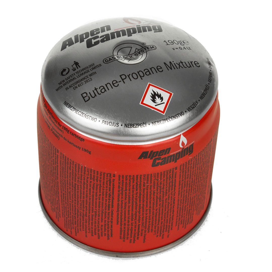 12x Alpen Camping 400ml gaspatroon, certificaat: Pi 0437, voldoet aan EN417, propaan-butaan, bereik -10°c tot + 40°c, GAS STOP systeem IK006