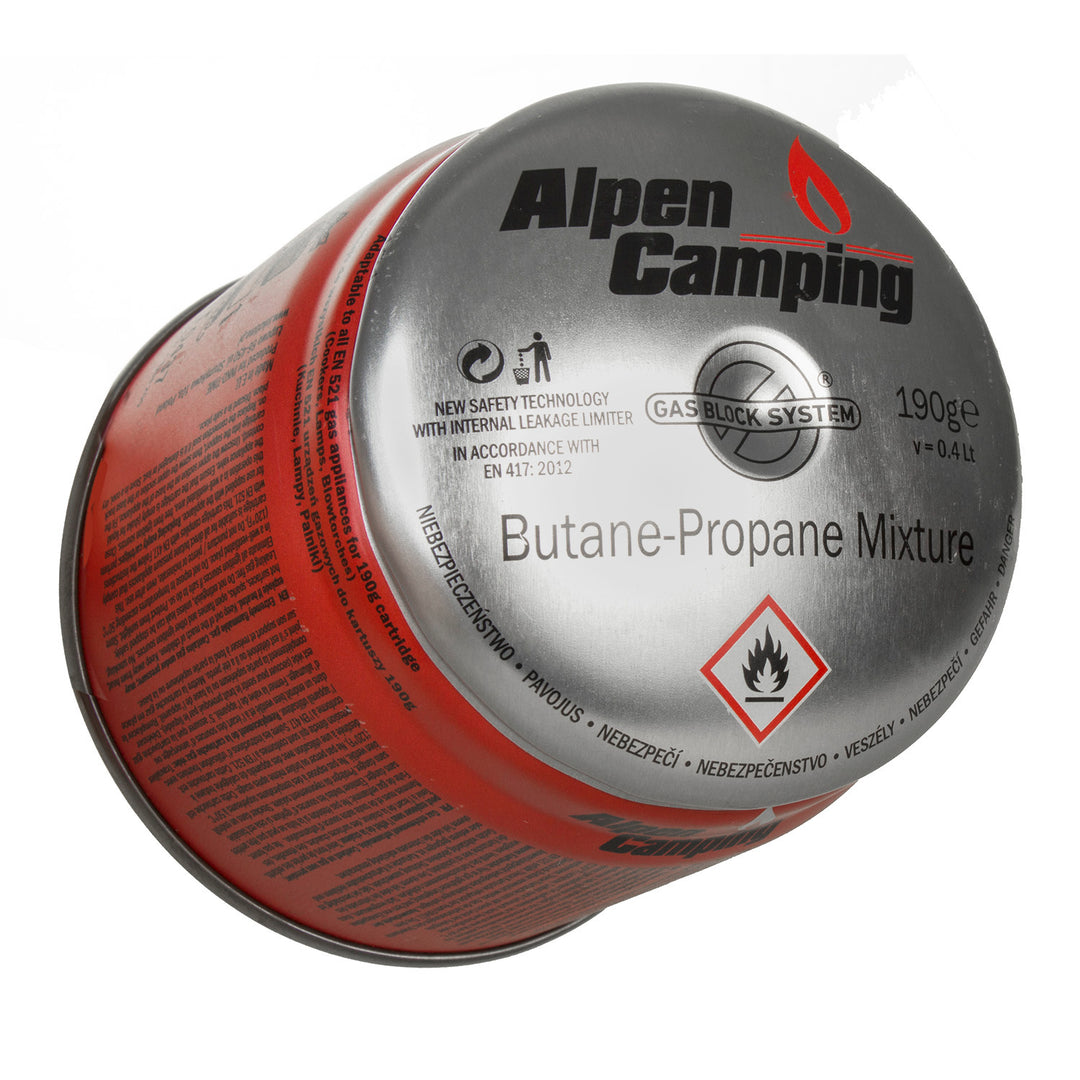 12x Alpen Camping 400ml gaspatroon, certificaat: Pi 0437, voldoet aan EN417, propaan-butaan, bereik -10°c tot + 40°c, GAS STOP systeem IK006