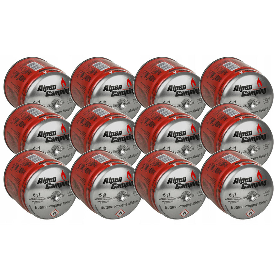 12x Alpen Camping 400ml gaspatroon, certificaat: Pi 0437, voldoet aan EN417, propaan-butaan, bereik -10°c tot + 40°c, GAS STOP systeem IK006