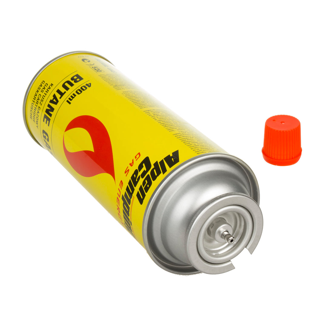 14x Alpen Camping 400ml gaspatroon. Certificaat: Pi 0875, voldoet aan EN417, isobutaan, werkgebied -10°c tot + 40°c, IK004