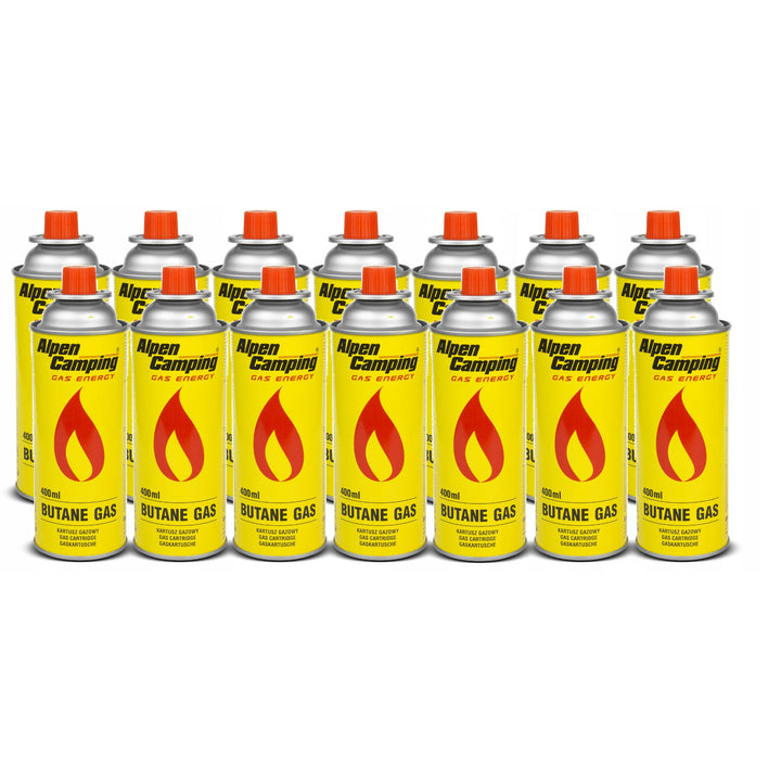 14x Alpen Camping 400ml gaspatroon. Certificaat: Pi 0875, voldoet aan EN417, isobutaan, werkgebied -10°c tot + 40°c, IK004