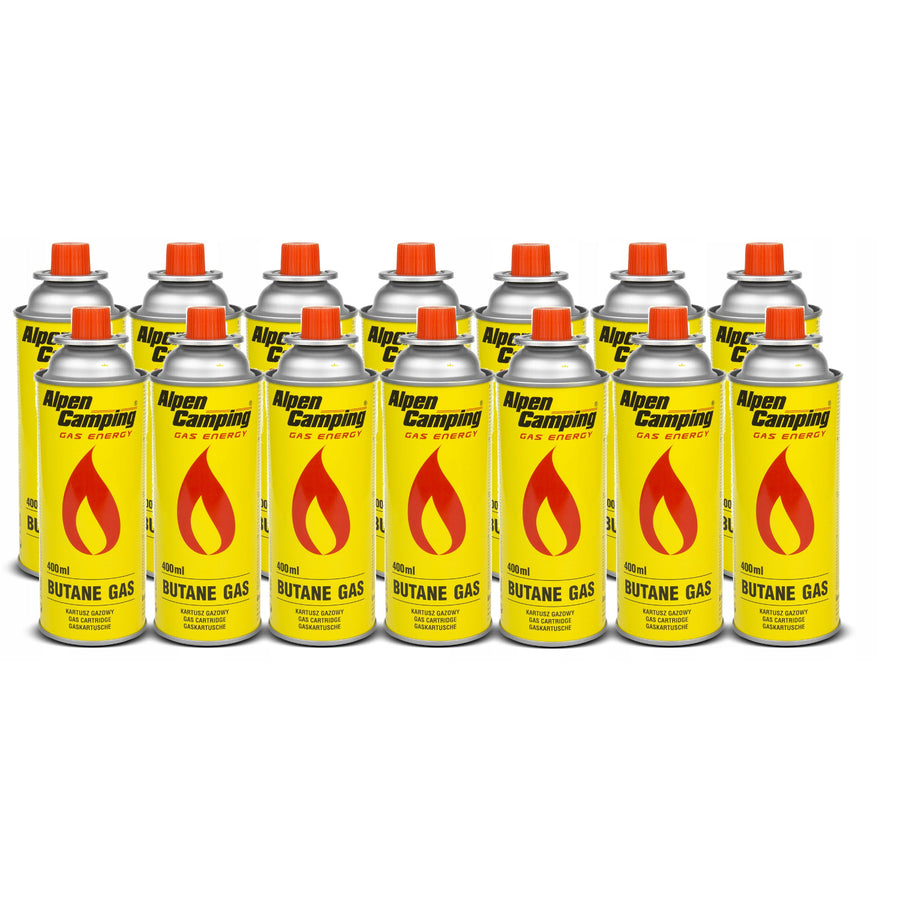 14x Alpen Camping 400ml gaspatroon. Certificaat: Pi 0875, voldoet aan EN417, isobutaan, werkgebied -10°c tot + 40°c, IK004