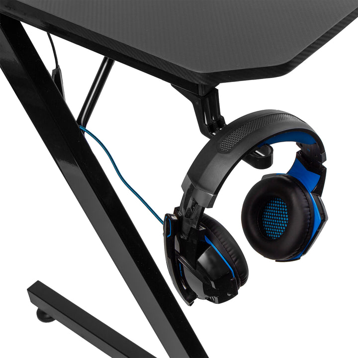 Zwart gaming bureau groot NanoRS, 150kg max, hoogte 750mm, 110x60x1,5cm, bekerhouder en hoofdtelefoon, RS345