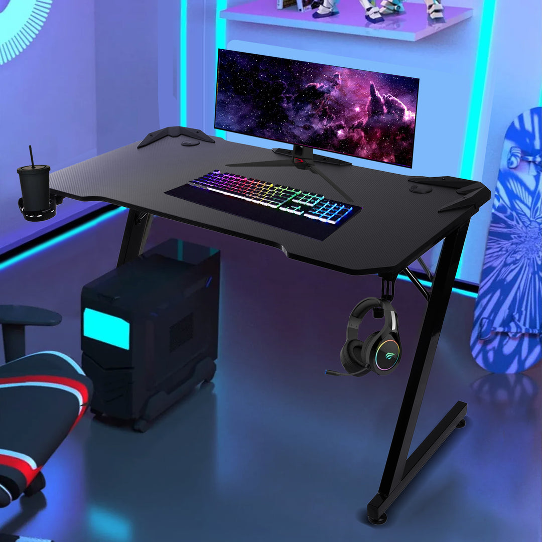 Zwart gaming bureau groot NanoRS, 150kg max, hoogte 750mm, 110x60x1,5cm, bekerhouder en hoofdtelefoon, RS345