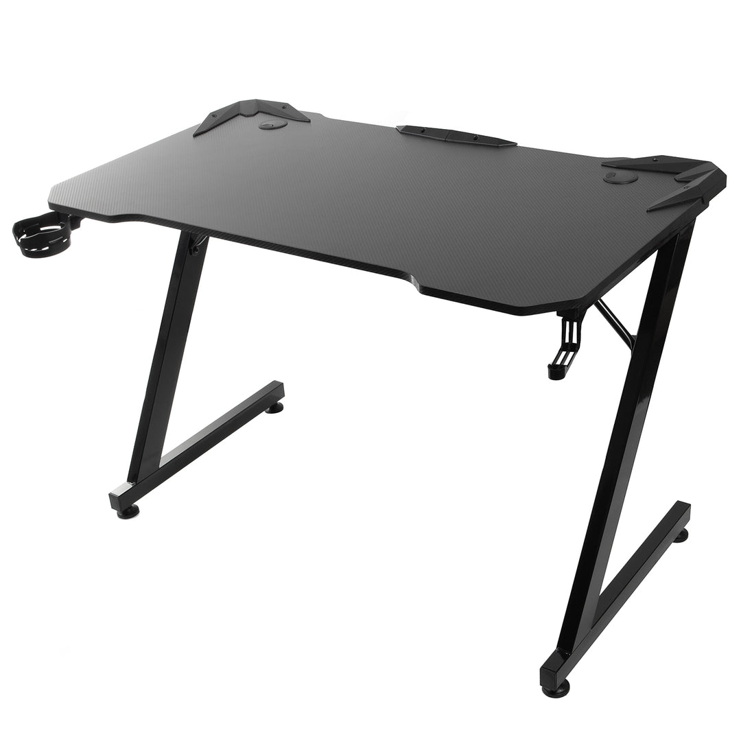 Zwart gaming bureau groot NanoRS, 150kg max, hoogte 750mm, 110x60x1,5cm, bekerhouder en hoofdtelefoon, RS345