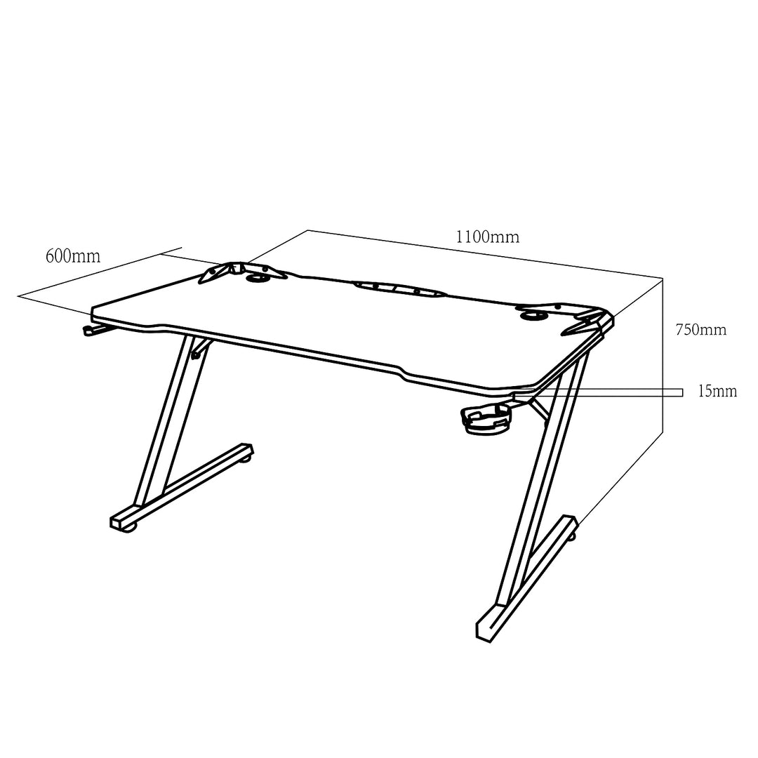 Zwart gaming bureau groot NanoRS, 150kg max, hoogte 750mm, 110x60x1,5cm, bekerhouder en hoofdtelefoon, RS345