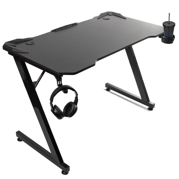 Zwart gaming bureau groot NanoRS, 150kg max, hoogte 750mm, 110x60x1,5cm, bekerhouder en hoofdtelefoon, RS345