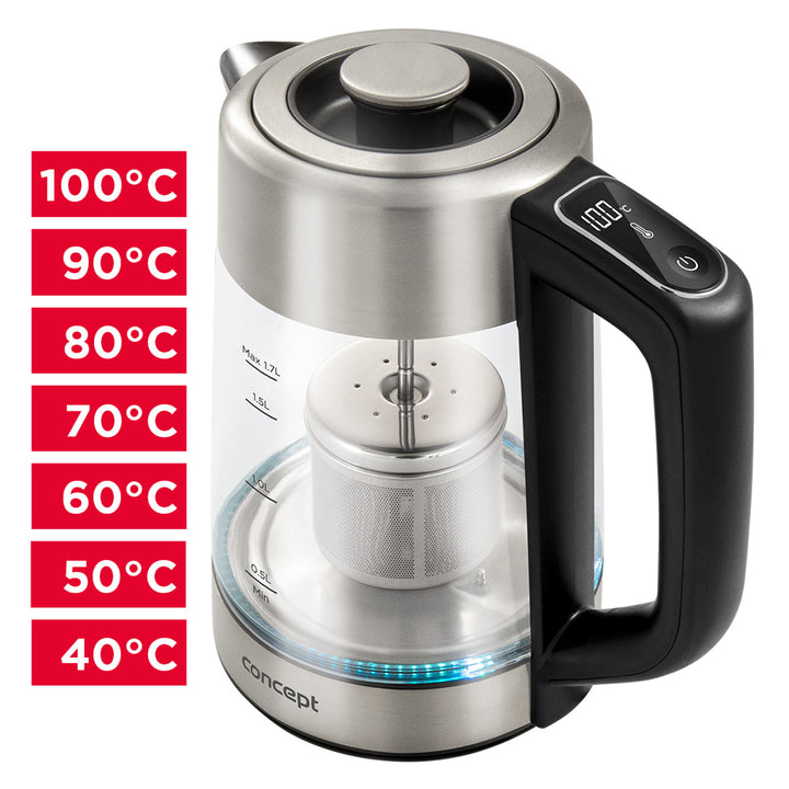 Concept 1.7L glazen elektrische waterkoker met temperatuurregeling en koffiezetapparaat RK4190