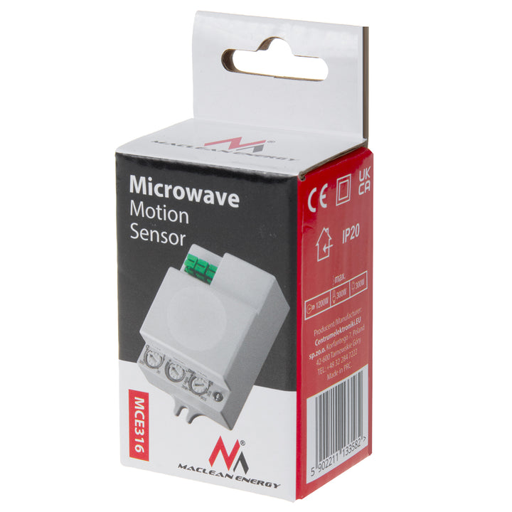 Maclean microgolf bewegingsmelder, bereik 8m, max. belasting 1200W, IP20, 5.8 GHz, MCE316