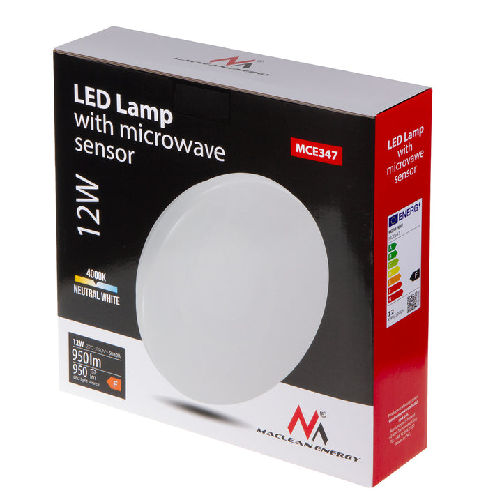 Maclean plafond LED sensorlamp, microgolf sensor 5.8GHz,4000K, 12W, 950lm, IP44, MCE347