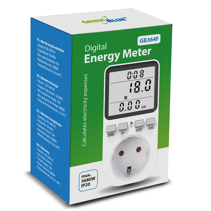 GreenBlue energiemeter, wattmeter, type F, 220-240V AC, 50Hz, max. belasting 16A, IP20, ingebouwde batterij, GB364 F