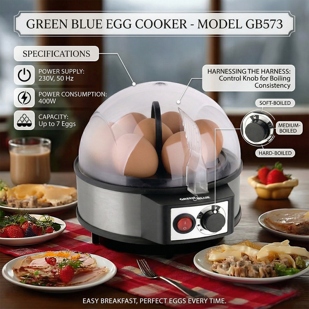 GreenBlue automatische eierkoker, vermogen 400W, tot 7 eieren, maatbeker, 220-240V~, 50 Hz, GB573