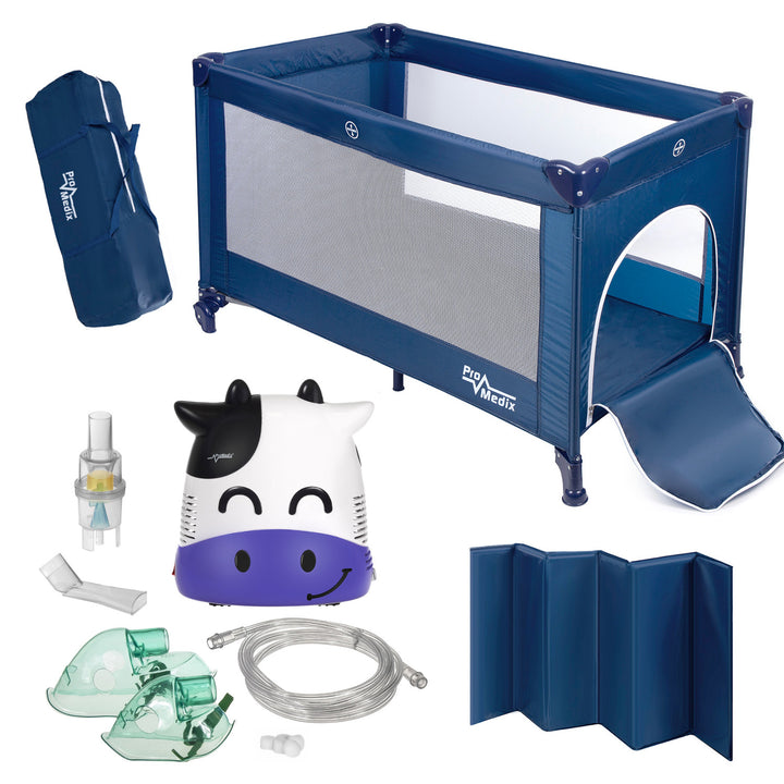 Reiswieg Promedix,125x65x74cm, blauw, wielen, beschermhoes, PR-803B + Baby fudge inhalator PR-810