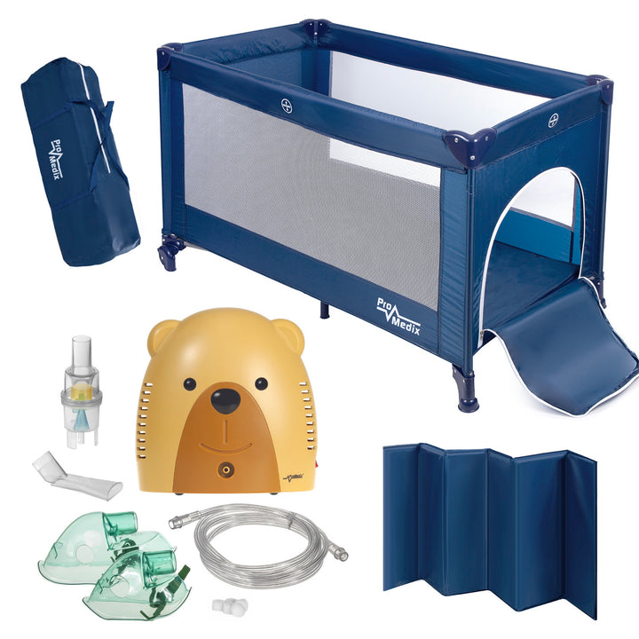 Reiswieg Promedix,125x65x74cm, blauw, wielen, beschermhoes, PR-803B + Baby beer inhalator PR-811