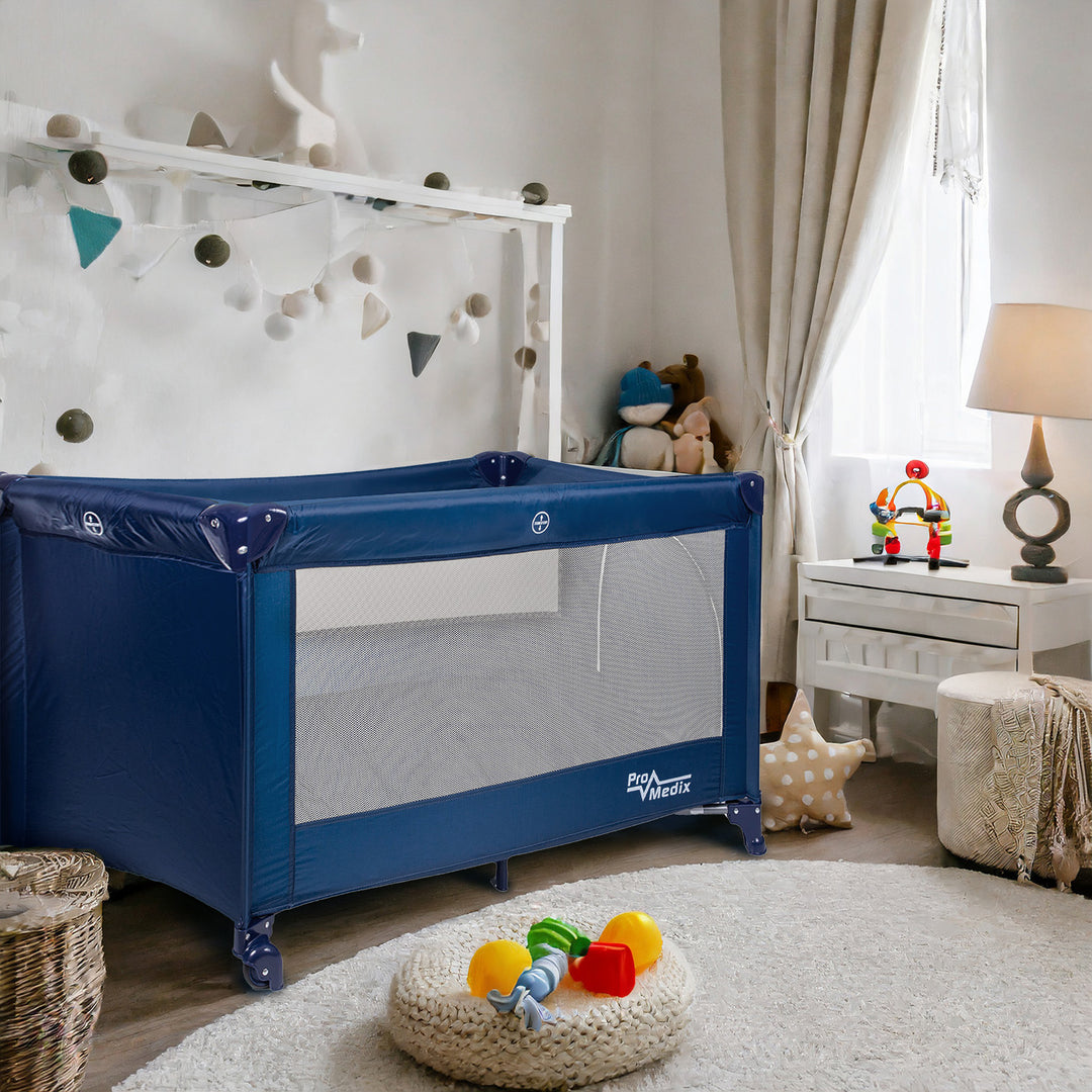 Reiswieg Promedix,125x65x74cm, blauw, wielen, beschermhoes, PR-803B + Baby inhalator panda PR-812