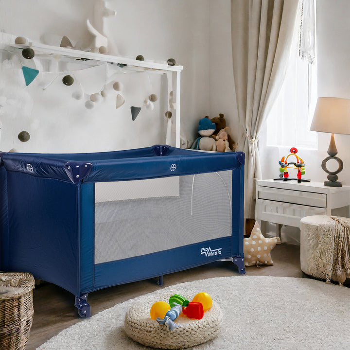 Reiswieg Promedix,125x65x74cm, blauw, wielen, beschermhoes, PR-803B + Baby inhalator panda PR-812