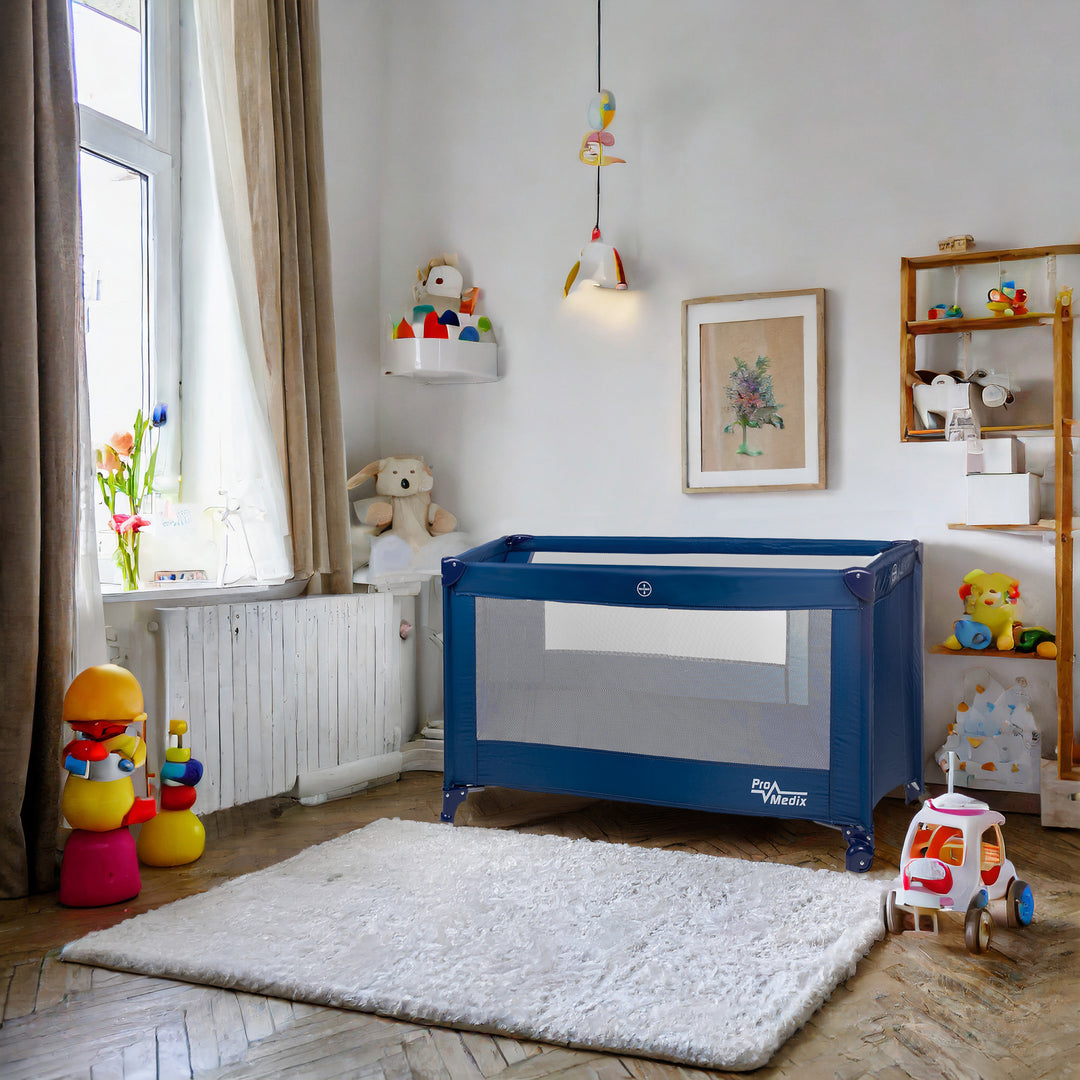 Reiswieg Promedix,125x65x74cm, blauw, wielen, beschermhoes, PR-803B + Baby inhalator panda PR-812
