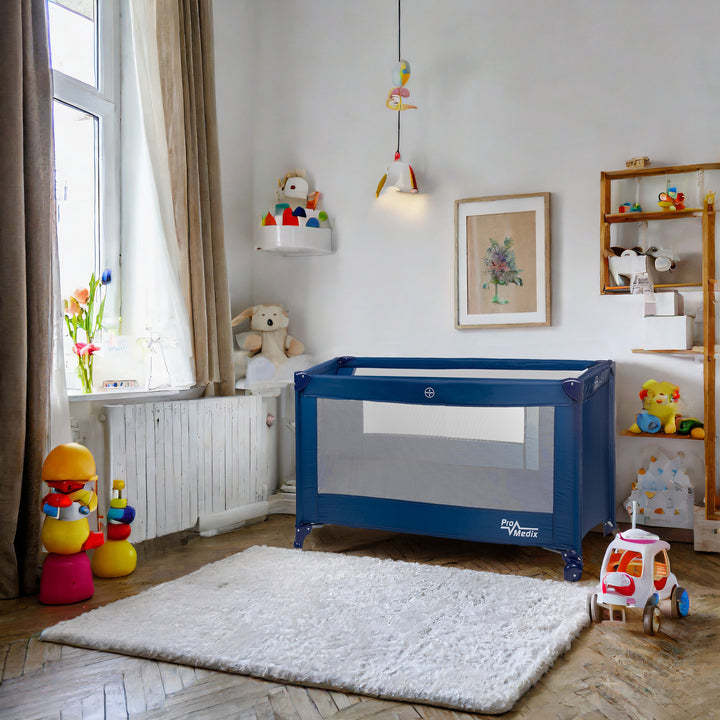 Reiswieg Promedix,125x65x74cm, blauw, wielen, beschermhoes, PR-803B + Baby inhalator panda PR-812