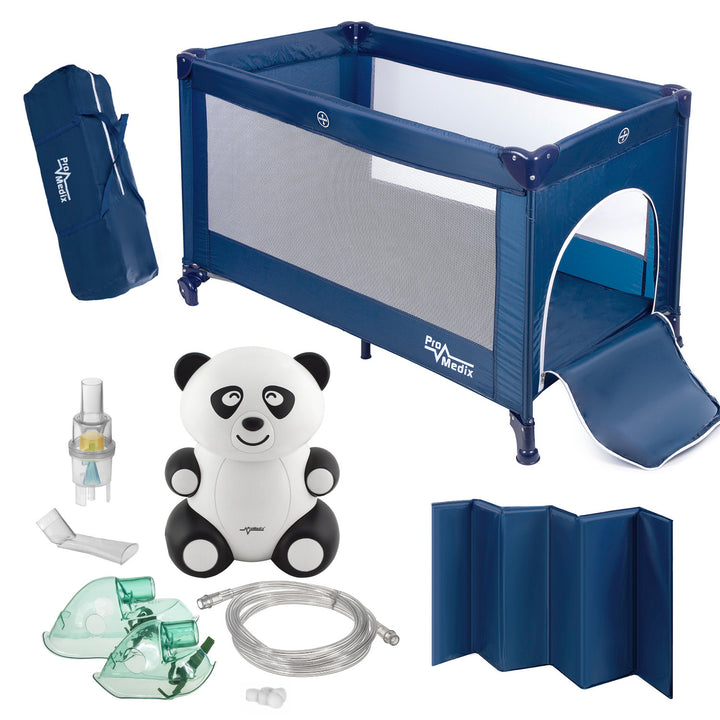 Reiswieg Promedix,125x65x74cm, blauw, wielen, beschermhoes, PR-803B + Baby inhalator panda PR-812