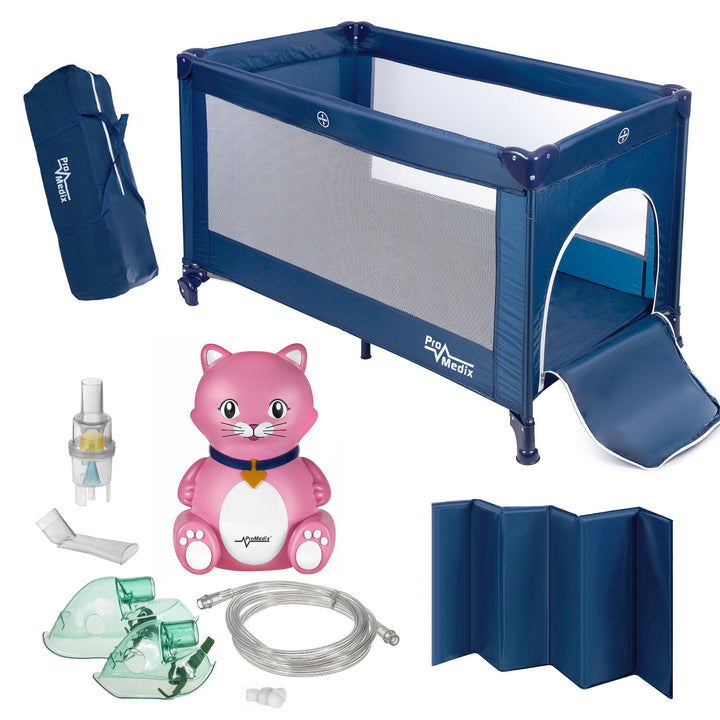 Reiswieg Promedix,125x65x74cm, blauw, wielen, beschermhoes, PR-803B + Babycat inhalator PR-816