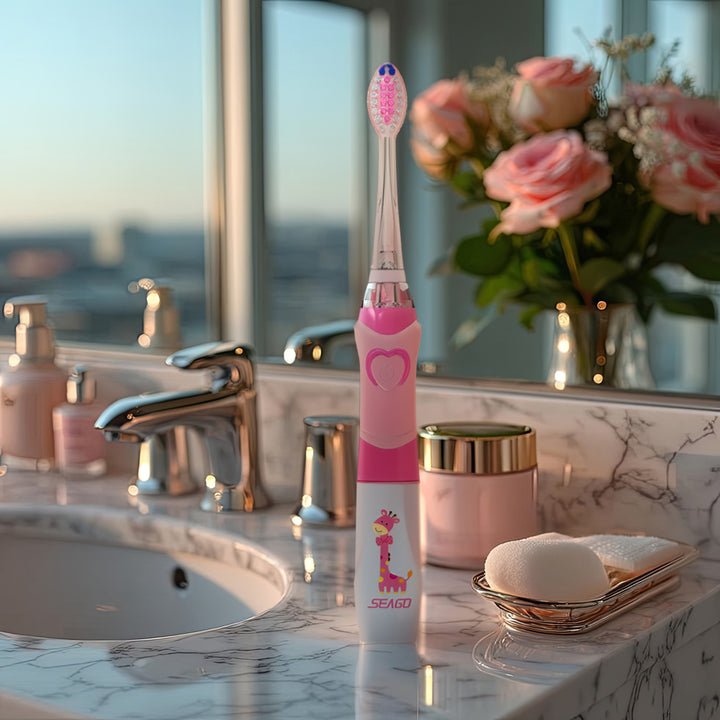 SEAGO sonische tandenborstel voor kinderen, roze, 1xAA 1,5V (niet meegeleverd), 3 tips, SG-977 Roze