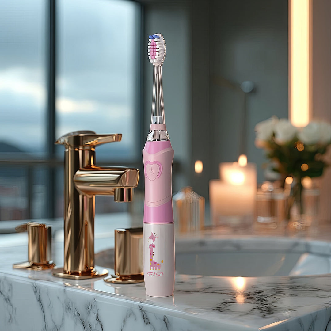 SEAGO sonische tandenborstel voor kinderen, roze, 1xAA 1,5V (niet meegeleverd), 3 tips, SG-977 Roze