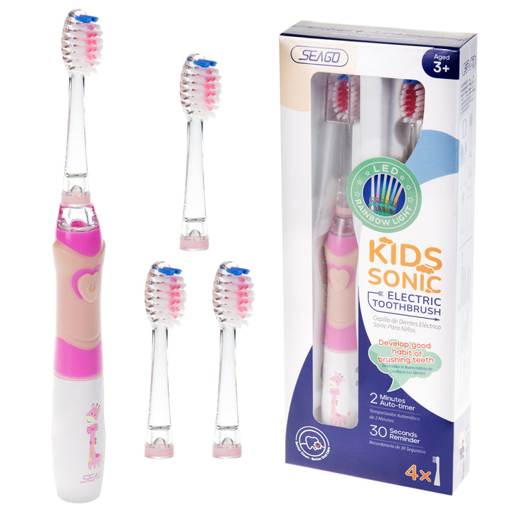 SEAGO sonische tandenborstel voor kinderen, roze, 1xAA 1,5V (niet meegeleverd), 3 tips, SG-977 Roze