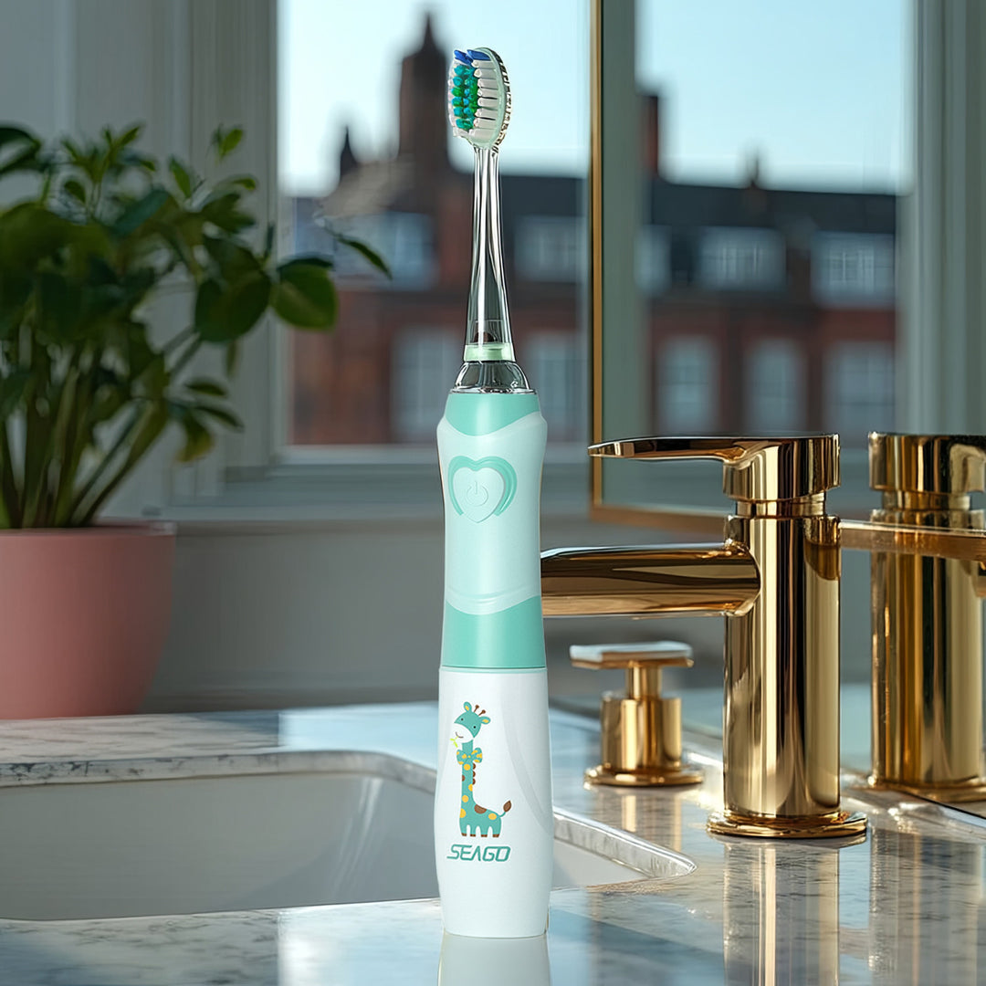 SEAGO sonische kindertandenborstel, kleur groen, 1xAA 1,5V (niet meegeleverd), 3 tips, SG-977 Groen