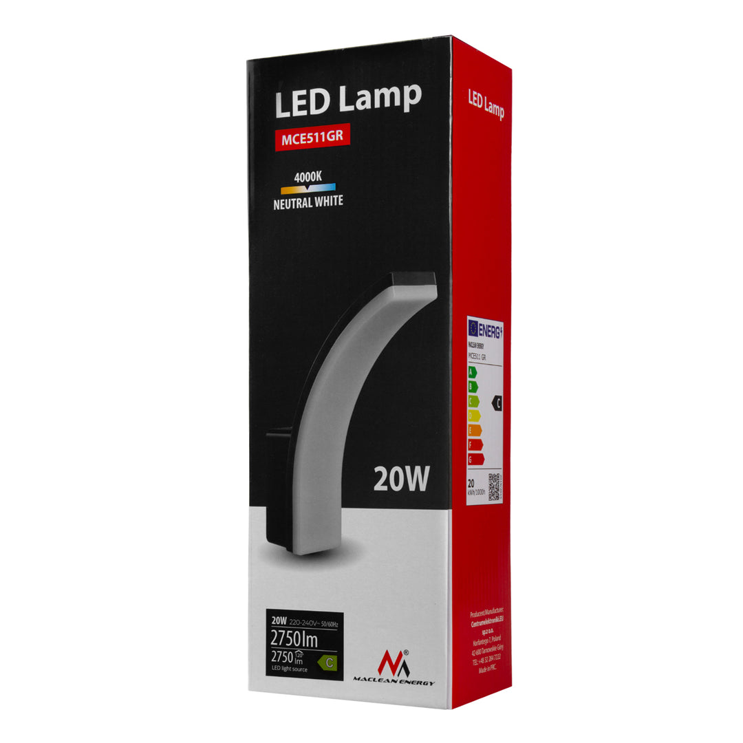 Maclean - LED lamp - Buitenlamp - Wandlamp - PIR - 20W - 2750lm - IP65 - neutraal wit 4000K - Grijs - MCE511 GR