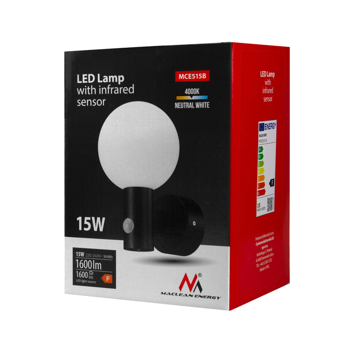 Maclean - Buitenlamp - LED lamp met PIR bewegingssensor - LED lamp - Wandlamp - Muurlamp -15W - IP65 - 1600lm - 4000K - Zwart