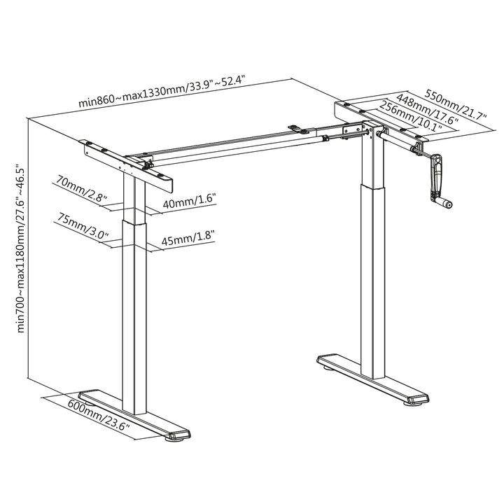 Maclean bureau, handmatig in hoogte verstelbaar, zonder bovenblad, voor staand en zittend gebruik, max 60kg, max hoogte 120cm, MC-790NG