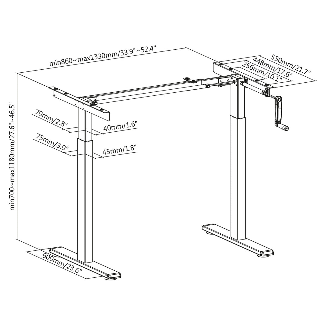 Maclean bureau, handmatig in hoogte verstelbaar, zonder bovenblad, voor staand en zittend gebruik, max 60kg, max hoogte 120cm, MC-790NB