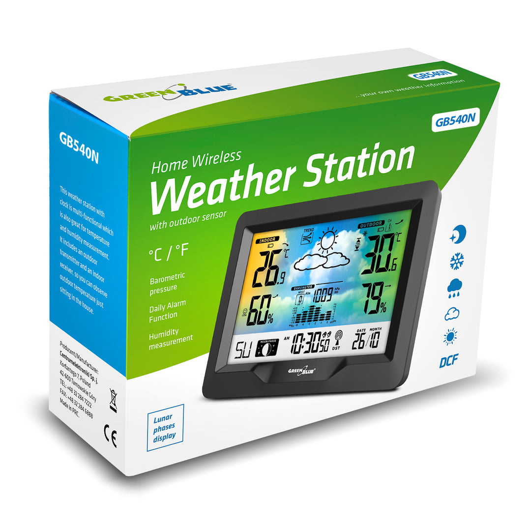 Draadloos weerstation GreenBlue, kleur, met DCF, maanfasen, barometer, kalender, voeding, GB540N