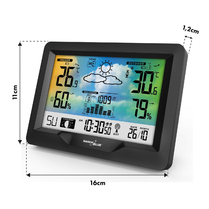 Draadloos weerstation GreenBlue, kleur, met DCF, maanfasen, barometer, kalender, voeding, GB540N