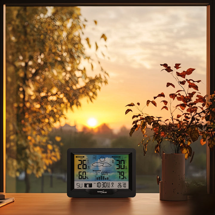 Draadloos weerstation GreenBlue, kleur, met DCF, maanfasen, barometer, kalender, voeding, GB540N