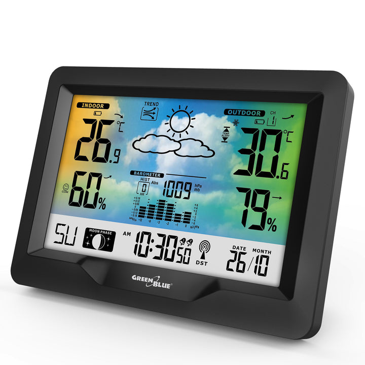 Draadloos weerstation GreenBlue, kleur, met DCF, maanfasen, barometer, kalender, voeding, GB540N