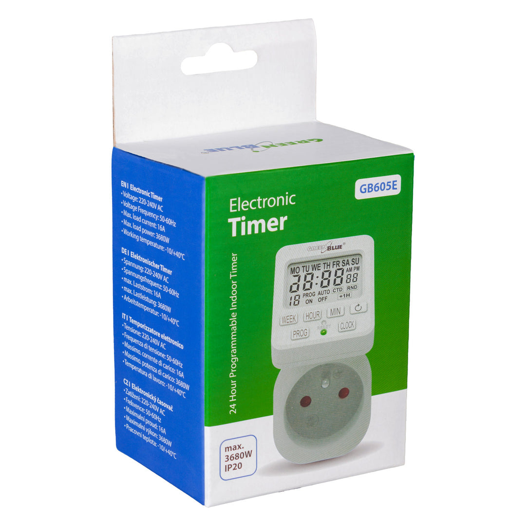 Green Blue GB605 E Digitale schakelklok Timer Maximale belasting 16A IP20 18 Individueel instelbare programma's | Maximale belasting 16A/3680W | LCD-display, RANDOM-functie, IP20