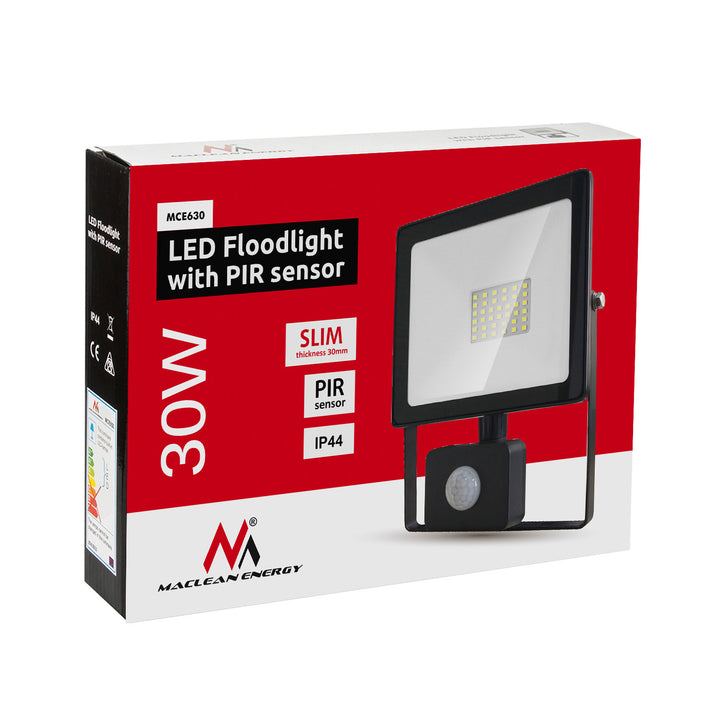 2x LED schijnwerper met Maclean bewegingssensor, slank 30W, 2400lm, warm wit (3000K), IP44, MCE630 WW PIR