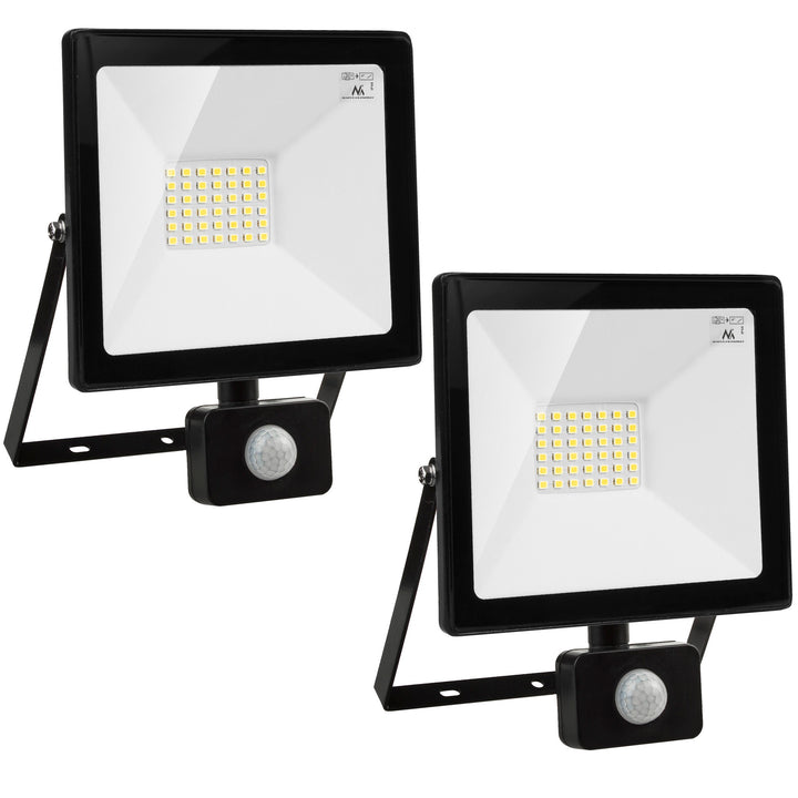 2x LED schijnwerper met Maclean bewegingssensor, slank 30W, 2400lm, warm wit (3000K), IP44, MCE630 WW PIR