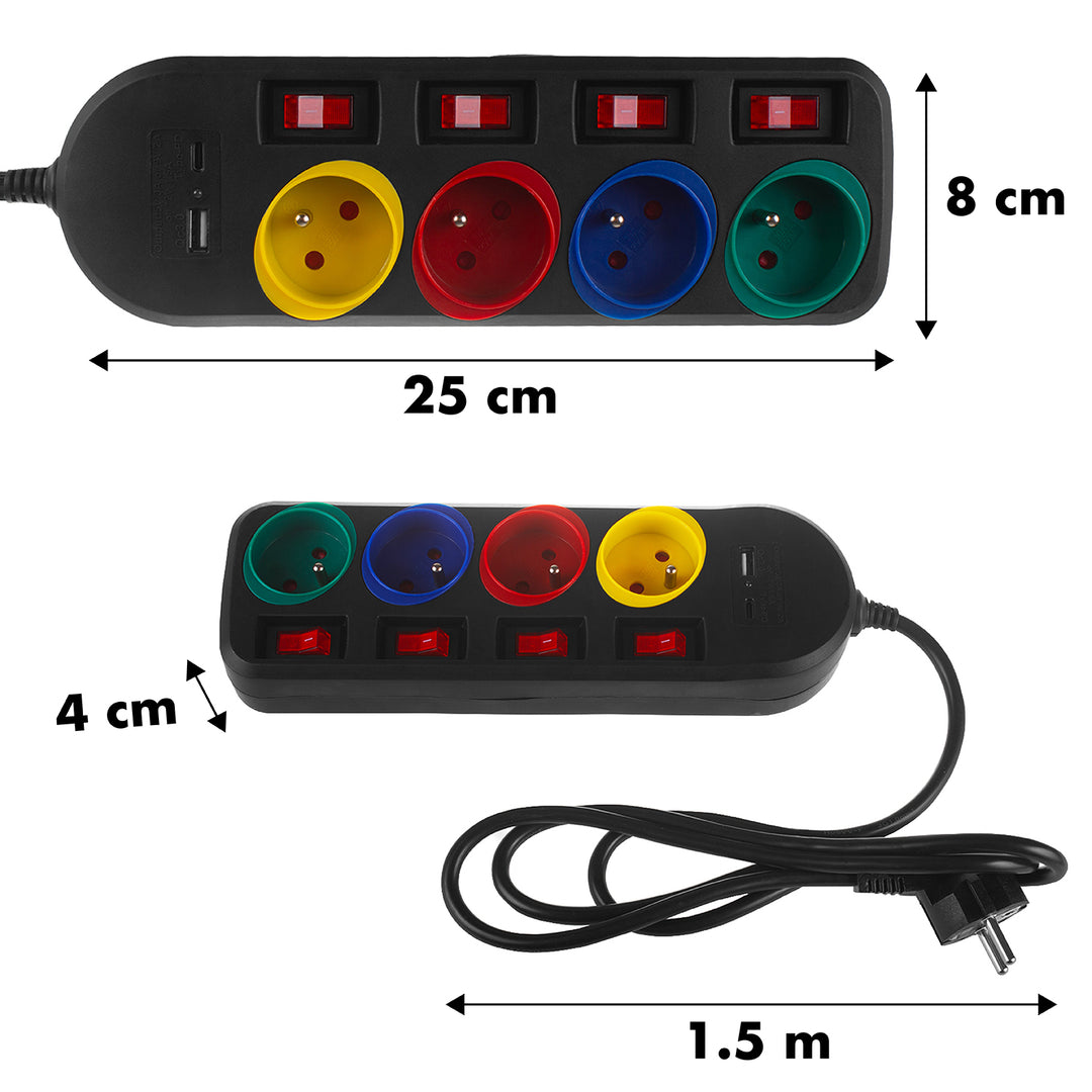 Maclean stekkerdoos, 4-voudige verlengkabel + USB A/C, met schakelaars, 250VAC/10A, 1,5m, zwart, MCE508 B