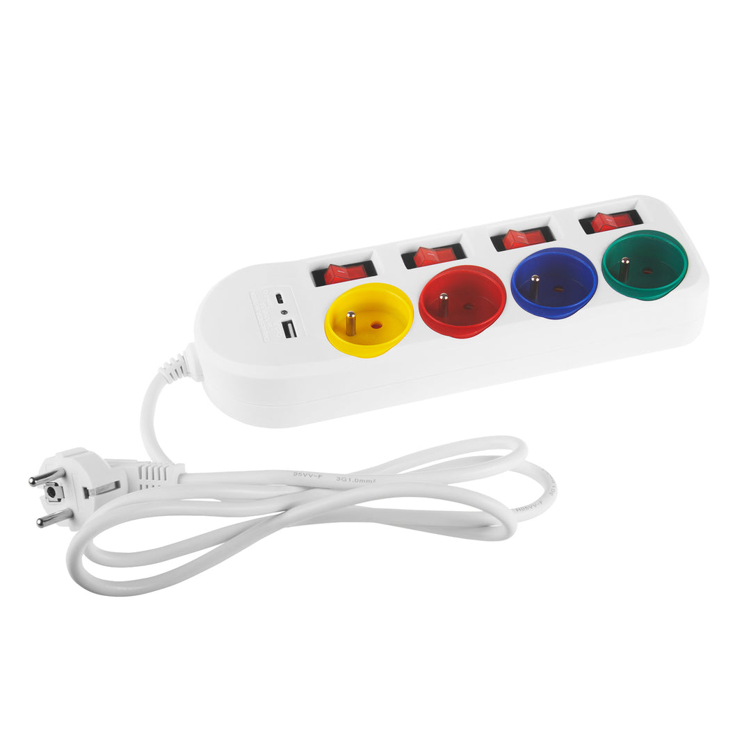Maclean MCE508 W 4-voudige stekkerdoos Type-E met 2x USB-poorten (A en C) 5V/3.1A QC 2.0, USB-C 18W PD Meerdere stopcontacten, max. 2500 W 10A, 1,5 m kabel Wit/veelkleurig 4-voudige stekkerdoos