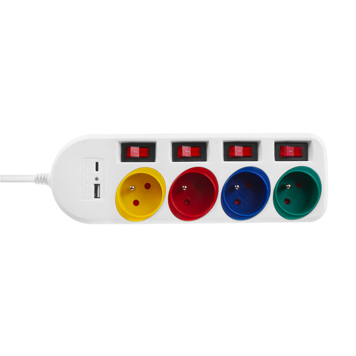 Maclean MCE508 W 4-voudige stekkerdoos Type-E met 2x USB-poorten (A en C) 5V/3.1A QC 2.0, USB-C 18W PD Meerdere stopcontacten, max. 2500 W 10A, 1,5 m kabel Wit/veelkleurig 4-voudige stekkerdoos