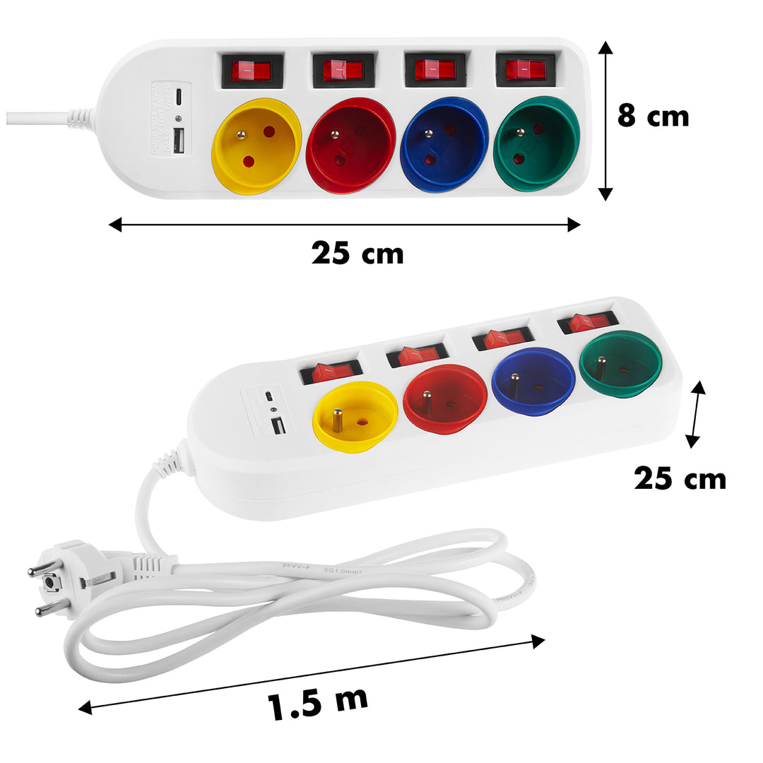 Maclean MCE508 W 4-voudige stekkerdoos Type-E met 2x USB-poorten (A en C) 5V/3.1A QC 2.0, USB-C 18W PD Meerdere stopcontacten, max. 2500 W 10A, 1,5 m kabel Wit/veelkleurig 4-voudige stekkerdoos