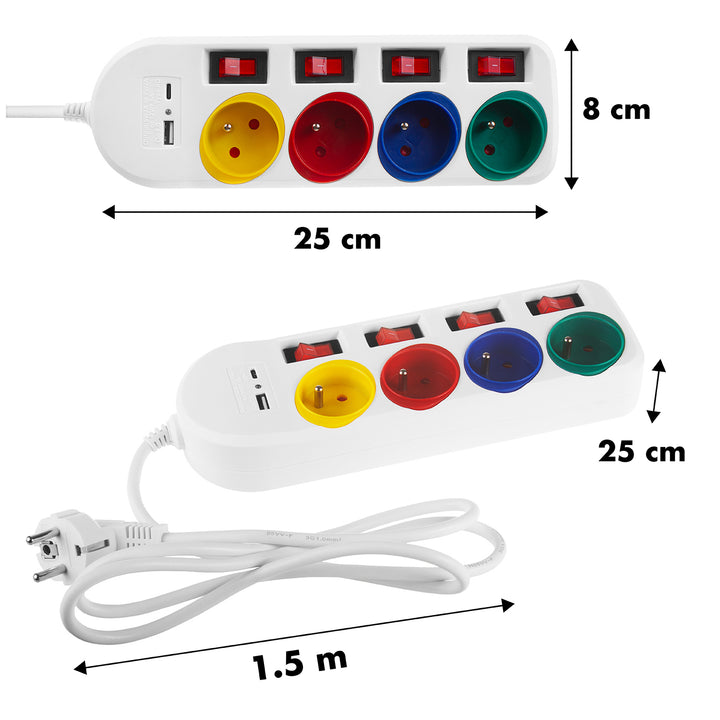 Maclean MCE508 W 4-voudige stekkerdoos Type-E met 2x USB-poorten (A en C) 5V/3.1A QC 2.0, USB-C 18W PD Meerdere stopcontacten, max. 2500 W 10A, 1,5 m kabel Wit/veelkleurig 4-voudige stekkerdoos