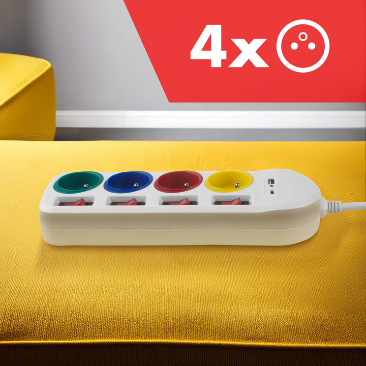 Maclean MCE508 W 4-voudige stekkerdoos Type-E met 2x USB-poorten (A en C) 5V/3.1A QC 2.0, USB-C 18W PD Meerdere stopcontacten, max. 2500 W 10A, 1,5 m kabel Wit/veelkleurig 4-voudige stekkerdoos