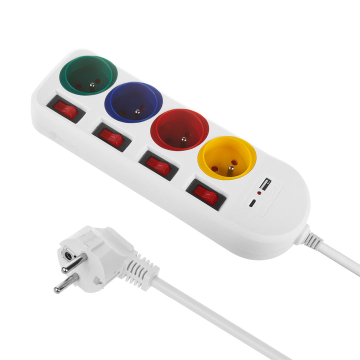 Maclean MCE508 W 4-voudige stekkerdoos Type-E met 2x USB-poorten (A en C) 5V/3.1A QC 2.0, USB-C 18W PD Meerdere stopcontacten, max. 2500 W 10A, 1,5 m kabel Wit/veelkleurig 4-voudige stekkerdoos