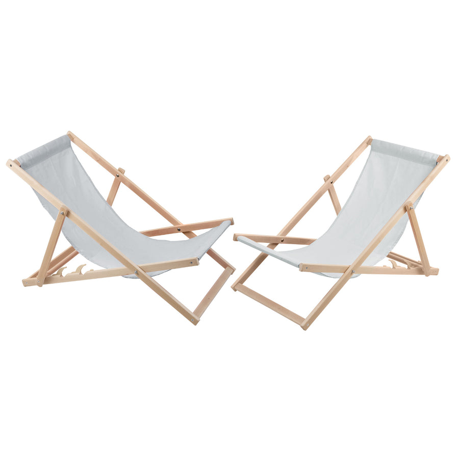 2 comfortabele houten ligstoelen, lichte askleur, ideaal voor het strand, balkon, terras