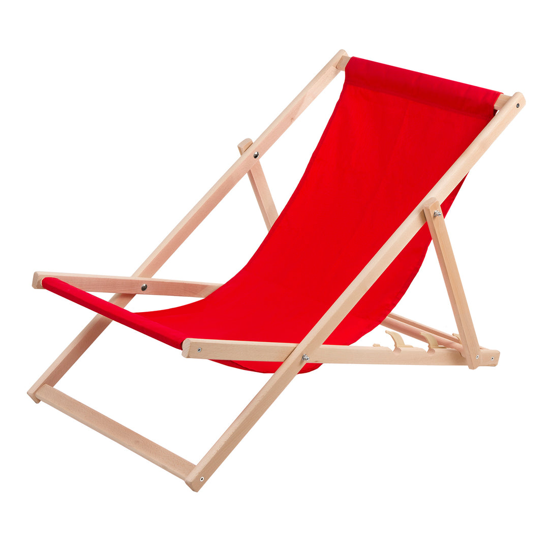 2 comfortabele houten ligstoelen, rood, ideaal voor het strand, balkon, terras